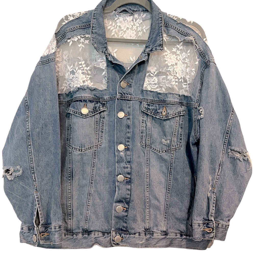 Women’s Custom Oversized White Lace Detail Medium Colored Denim Jacket